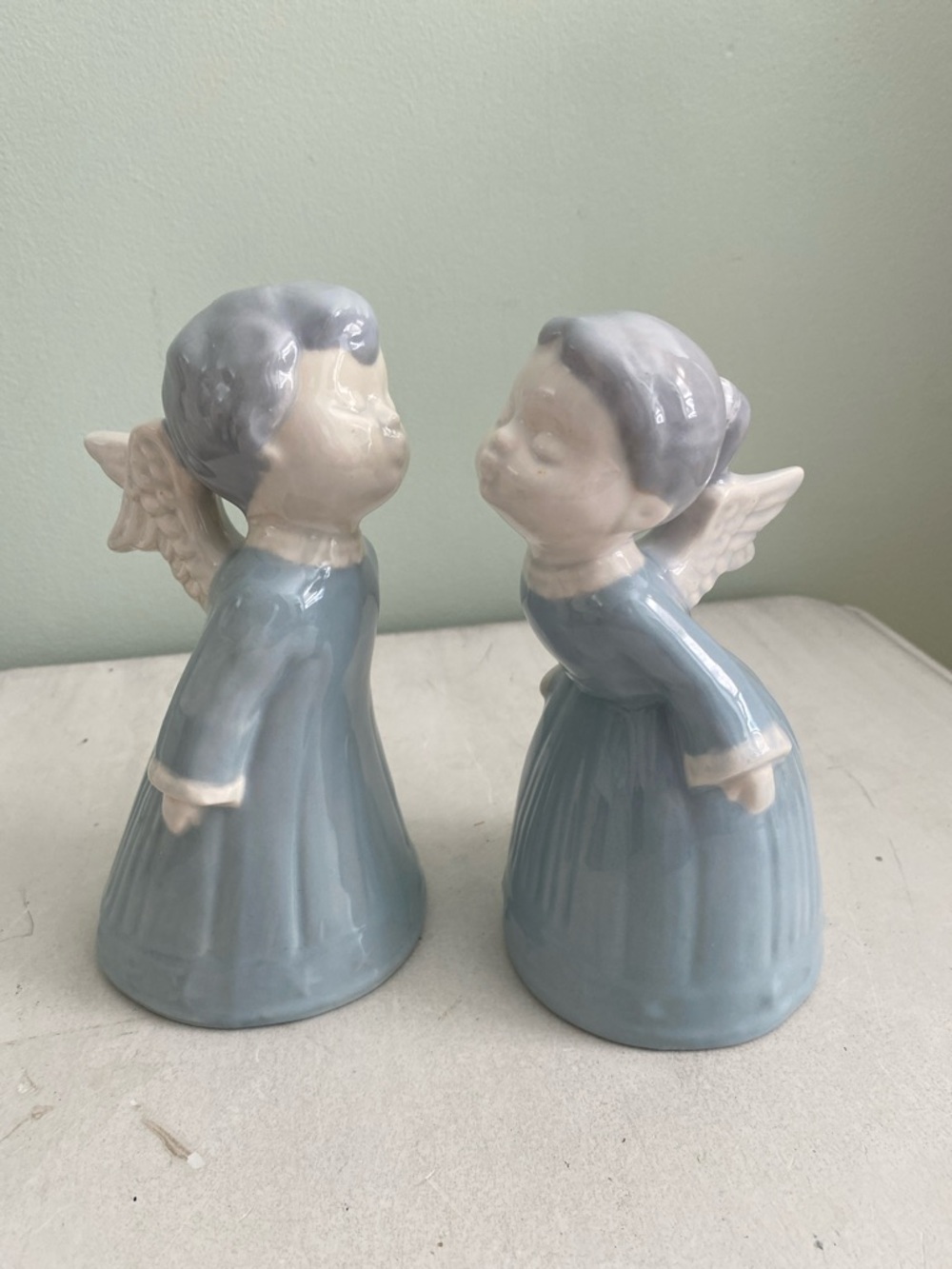 Vintage 2 Blue Ceramic Angel Figurines - Pair